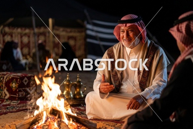 رجل سعودي مسن حول شبة النار في مخيم صحراوي ليلاً