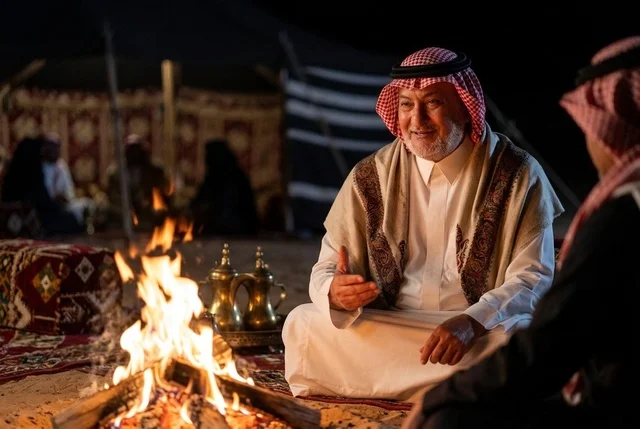رجل سعودي مسن حول شبة النار في مخيم صحراوي ليلاً
