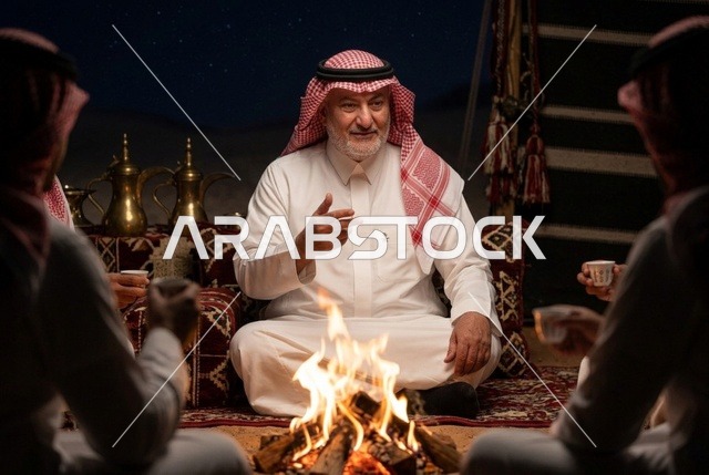 رجل سعودي يتحدث حول شبة النار في الصحراء ليلاً