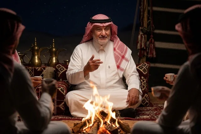رجل سعودي يتحدث حول شبة النار في الصحراء ليلاً