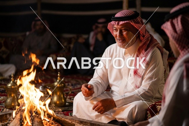 رجل سعودي يجلس حول شبة النار في بيت شعر تقليدي