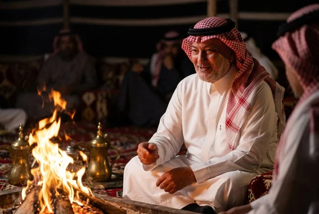 رجل سعودي يجلس حول شبة النار في بيت شعر تقليدي