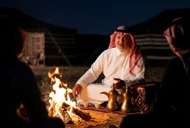 رجل سعودي يروي القصص حول شبة النار في الصحراء ليلاً