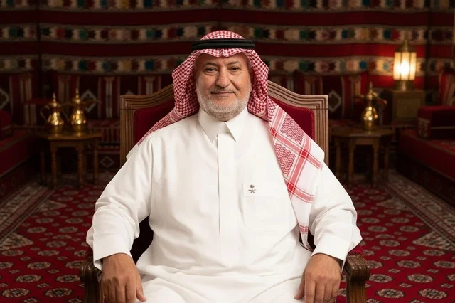 رجل سعودي بالزي الشعبي التقليدي يجلس داخل مجلس تراثي