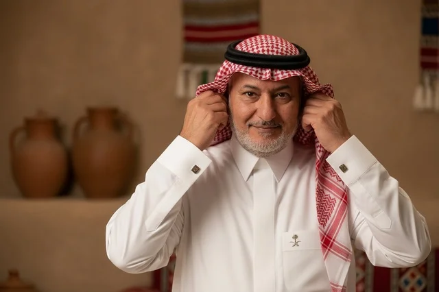 بورتريه لرجل سعودي بالثوب والشماغ في خلفية تراثية