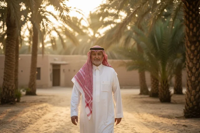 رجل سعودي بالزي التقليدي في مزرعة نخيل وقت الغروب