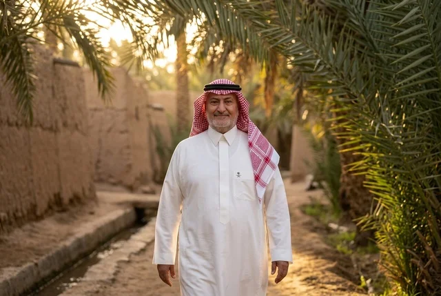 Saudi Man in Traditional Thobe Walking in Palm Oasis