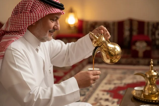 رجل سعودي يسكب القهوة العربية التقليدية في مجلس