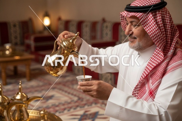 رجل سعودي مبتسم يصب القهوة العربية في مجلس تقليدي دافئ