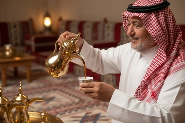 رجل سعودي مبتسم يصب القهوة العربية في مجلس تقليدي دافئ