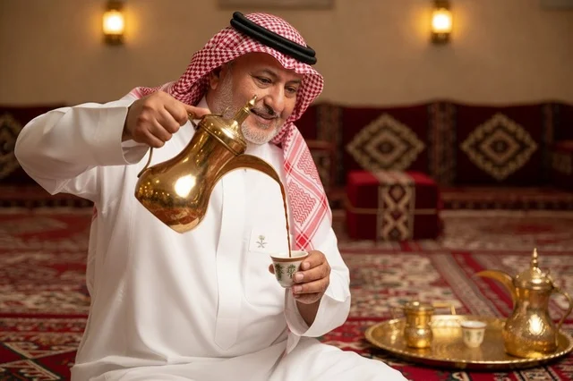 رجل سعودي مسن يصب القهوة العربية في مجلس تراثي تقليدي