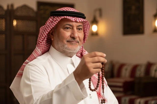 رجل سعودي بالزي التقليدي يمسك مسبحة في مجلس تراثي