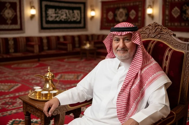 Saudi Man in Traditional Arabic Majlis with Coffee