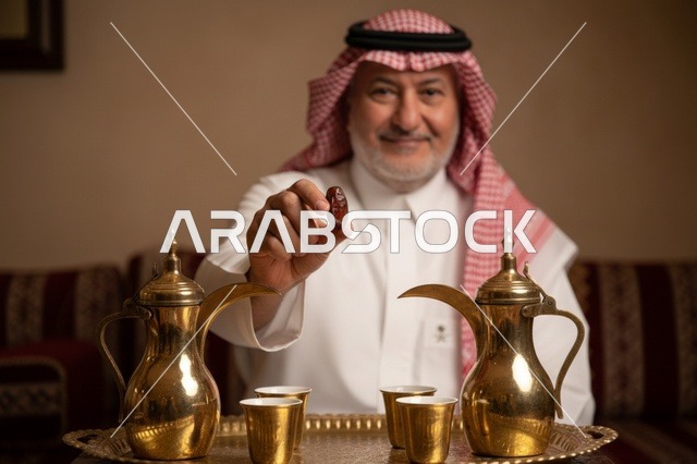 رجل سعودي بالزي التقليدي يقدم التمر مع القهوة العربية