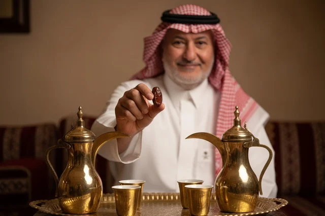 رجل سعودي بالزي التقليدي يقدم التمر مع القهوة العربية