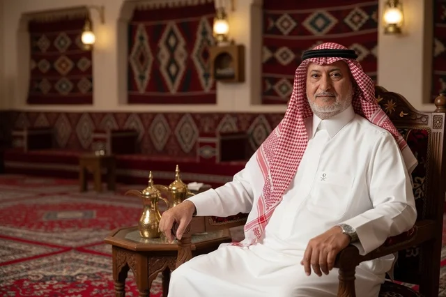 رجل سعودي يرتدي الزي التقليدي في مجلس تراثي مع دلة القهوة