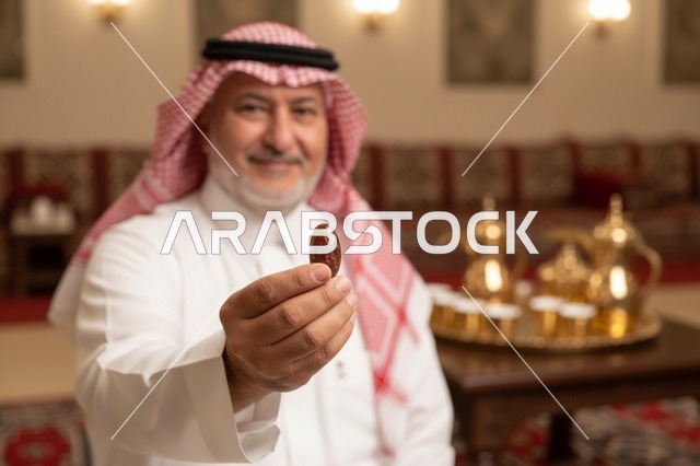 رجل سعودي يحمل حبة تمر في مجلس ضيافة تقليدي