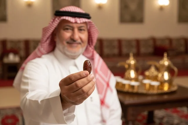 Saudi Man Holding Date Fruit in Traditional Majlis