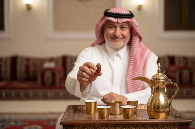 رجل سعودي مسن في مجلس تقليدي يقدم التمر والقهوة العربية