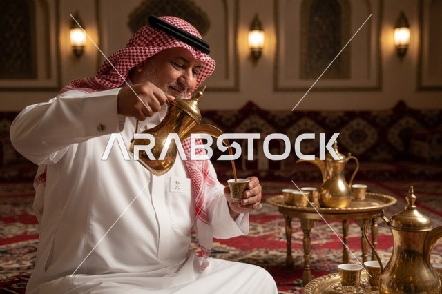 رجل سعودي يصب القهوة العربية داخل مجلس شعبي تقليدي