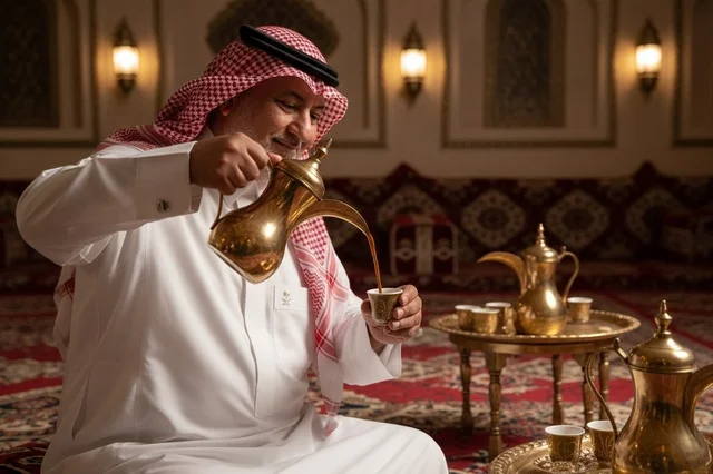 رجل سعودي يصب القهوة العربية داخل مجلس شعبي تقليدي