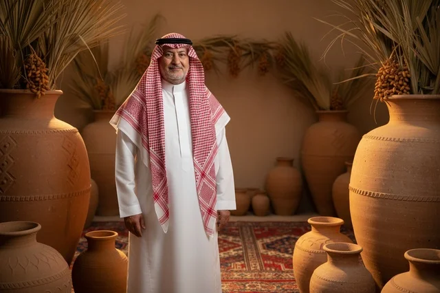 رجل سعودي يرتدي الزي التقليدي في الصحراء وقت الغروب