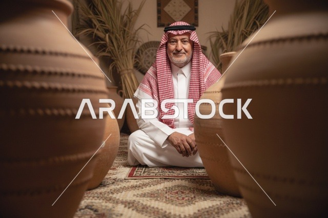 رجل سعودي مسن يرتدي الزي التقليدي مع الأواني الفخارية