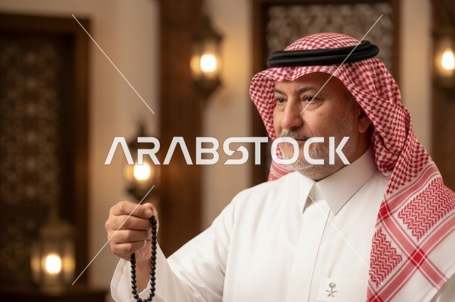 رجل سعودي بالثوب والشماغ يمسك مسبحة في إضاءة دافئة