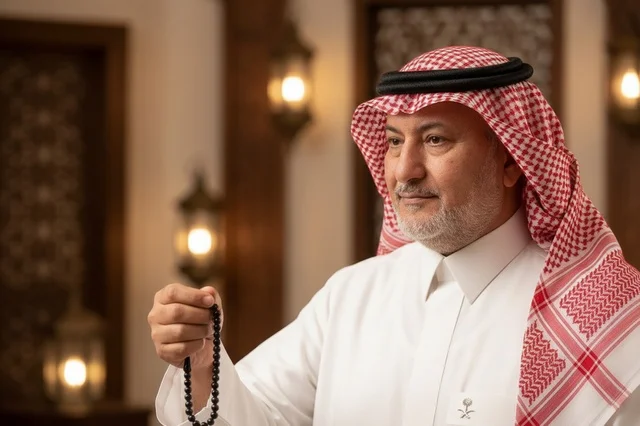 رجل سعودي بالثوب والشماغ يمسك مسبحة في إضاءة دافئة