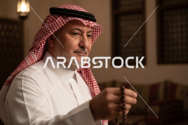 رجل سعودي يحمل مسبحة في مجلس تقليدي