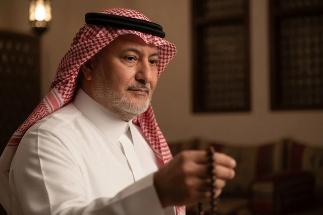 رجل سعودي يحمل مسبحة في مجلس تقليدي