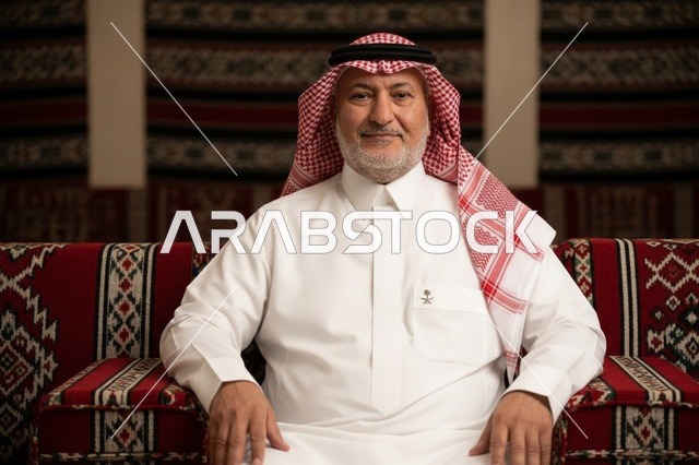 رجل سعودي مسن يرتدي الثوب التقليدي يجلس في مجلس تراثي