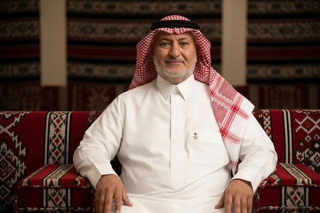 رجل سعودي مسن يرتدي الثوب التقليدي يجلس في مجلس تراثي
