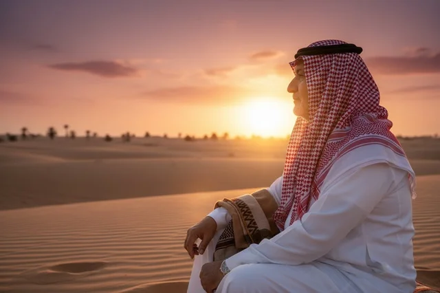 رجل سعودي يرتدي الزي التقليدي في الصحراء وقت الغروب