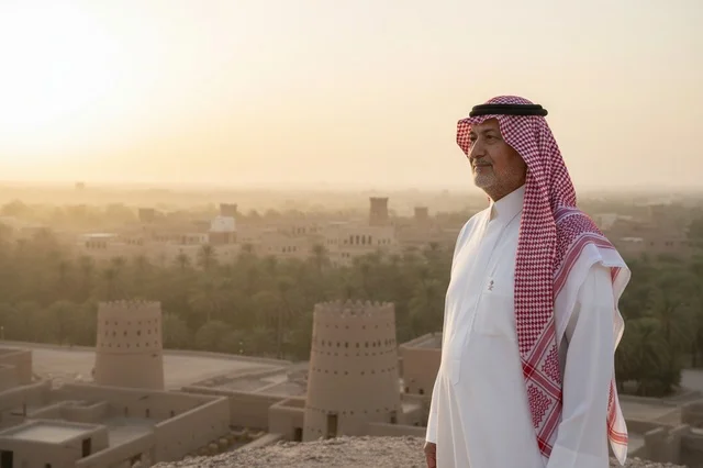 رجل سعودي يرتدي الزي التقليدي في قرية طينية تاريخية وقت الغروب