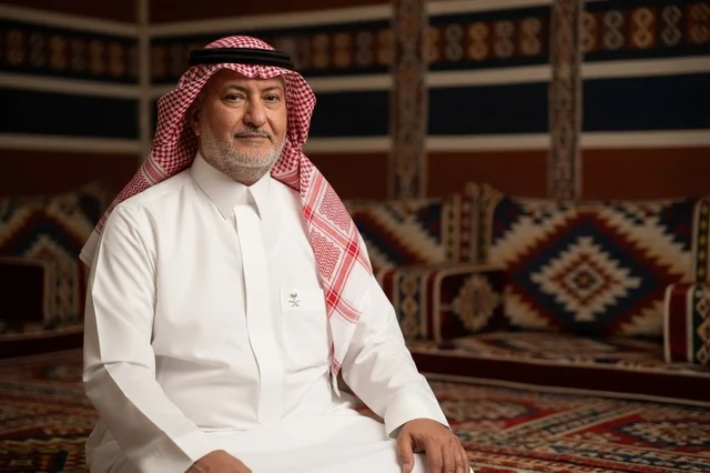 Senior Saudi Man Sitting in Traditional Majlis Interior