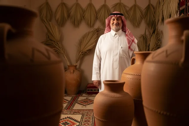 رجل سعودي بالزي التقليدي مع أواني فخارية تراثية