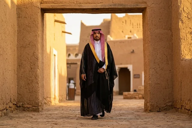 رجل سعودي يرتدي الزي التقليدي في الصحراء وقت الغروب