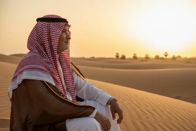 رجل سعودي يرتدي الزي التقليدي في الصحراء وقت الغروب
