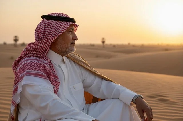 رجل سعودي يرتدي الزي التقليدي في الصحراء وقت الغروب