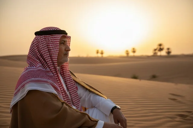 رجل سعودي يرتدي الزي التقليدي في الصحراء وقت الغروب