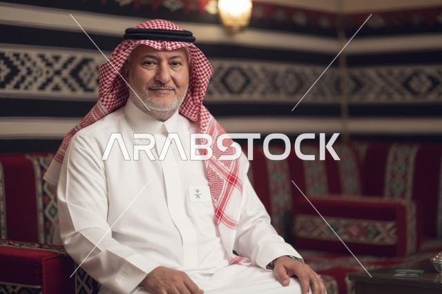 رجل سعودي مسن يرتدي الثوب التقليدي في مجلس تراثي
