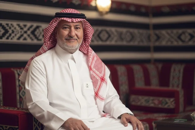رجل سعودي مسن يرتدي الثوب التقليدي في مجلس تراثي