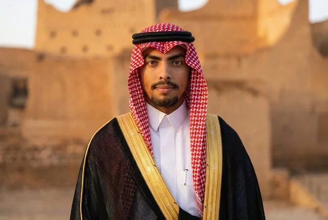رجل سعودي بالبشت التقليدي أمام مباني طينية تراثية