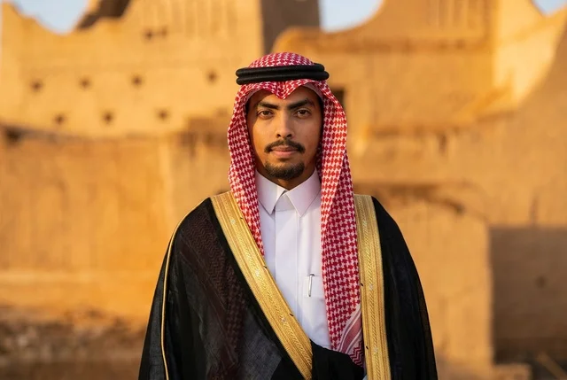 رجل سعودي يرتدي البشت التقليدي أمام مباني طينية تاريخية