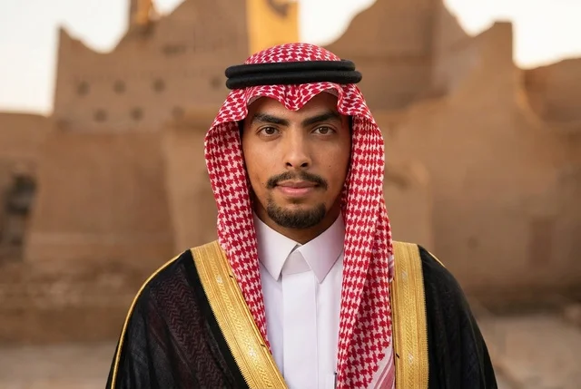 رجل سعودي يرتدي البشت التقليدي أمام مباني طينية تاريخية