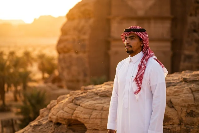 رجل سعودي يرتدي البشت التقليدي أمام مباني طينية تاريخية