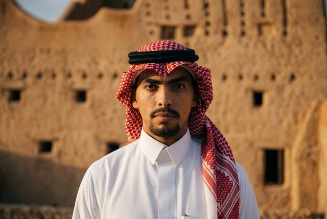 A Saudi man wearing traditional attire in the desert at sunset.