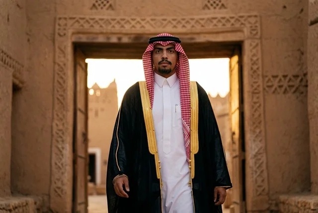 رجل سعودي يرتدي الزي التقليدي في الصحراء وقت الغروب