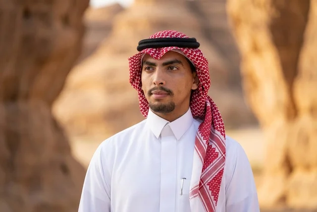 Saudi Man in Traditional Thobe and Shemagh in Desert